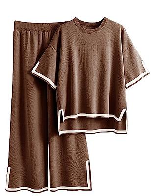 Faleave Womens Knit 2 Piece Sweater Sets Short Sleeve Pullover Tops Elastic  Waist Wide Leg Pants Lounge Set(Brown-M) - Yahoo Shopping