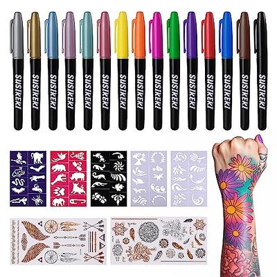 SUSIKEKI Temporary Tattoo Markers for Skin, 15 Colors Tattoo Pen + 50 Paint  Stencils + 43