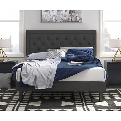 Allewie Full Size Platform Bed Frame with Fabric Upholstered Headboard,  Dark Grey 