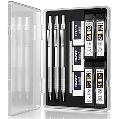 Nicpro 0.9 mm Art Mechanical Pencils Set in Gift Case, 6 PCS Metal Drafting  Pencil 0.9mm with 6 Tube HB Lead Refills & 18 PCS Eraser Refills for