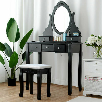 Gymax Vanity Table Set Writing Desk Makeup Table w/Round Storage