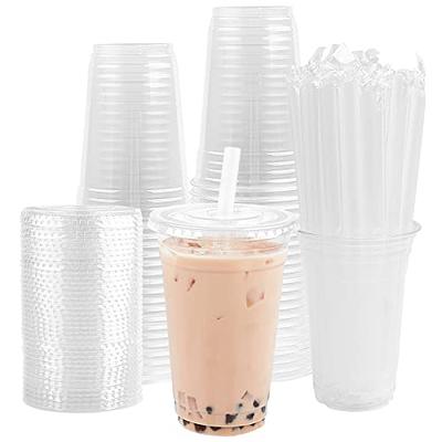 50 Pack] 24oz Clear Plastic Cups With Flat Lids And Straw