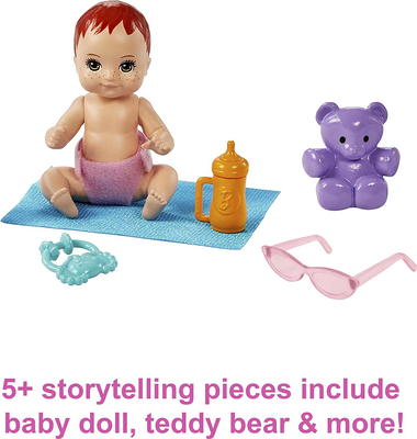 Barbie Dolls and Accessories, Skipper Doll (Two-Tone Hair) with Baby Figure  and 5 Accessories, Babysitters Inc. Playset