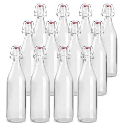 Ilyapa 16oz Clear Glass Beer Bottles for Home Brewing - 12 Pack with Airtight Rubber Seal Flip Caps