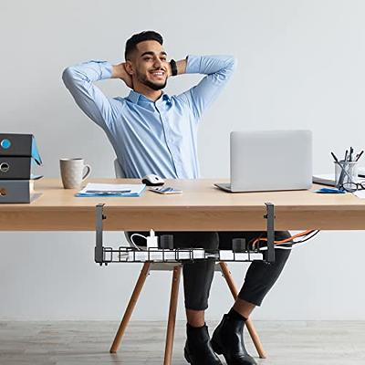 Yecaye No Drill Under Desk Cable Management Tray - Clamp Install Desk Cord  Organizer Rack - No Damage to Tables Cable Wire Management