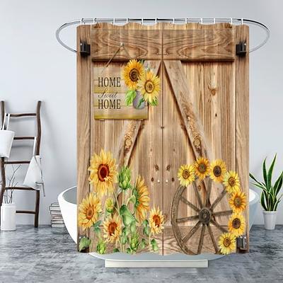 Sunflower Shower Curtain, Yellow Sunflower on Rustic Wooden Bath