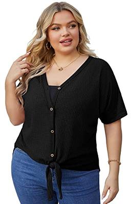 OLRIK Womens Plus Size Tops Short Sleeve V Neck Waffle Knit Tunic Blouse  Tie Front Button Up T Shirts Black-3X - Yahoo Shopping