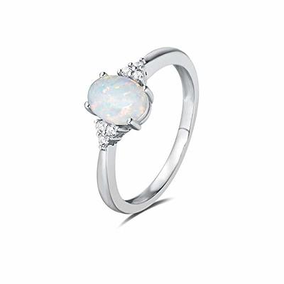 FANCIME Created Opal Rings Sterling Silver 4-prong Halo White Opal