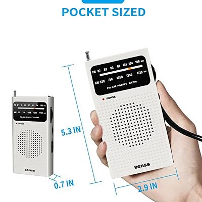 AM FM Portable Pocket Radio, Compact Transistor Radios - Best Reception,  Loud Speaker, Earphone Jack, Long Lasting, 2 AA Battery Operated (Silver) 