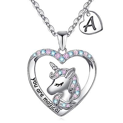 POSHJEW Unicorns Gifts for Girls,Silver Heart Unicorn Necklace for