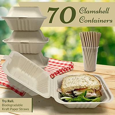 Clamshell Take Out Food Containers 6 x 6” (50 Pack) 1-Compartment,  Disposable To Go Container, Togo Boxes With Lids, Trays for Lunch, Dinner