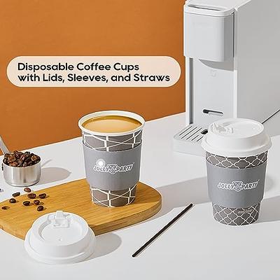 100 Sets] 12 oz Paper Coffee Cups, Disposable Coffee Cups with Lids,  Sleeves and Straws, Hot