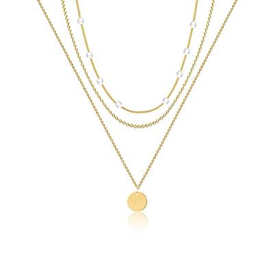 Turandoss Dainty Layering Pearls Necklace Bar Necklace Hammered Disc Pendant Necklace Simple Layering Necklace Gold Plated Choker for Women
