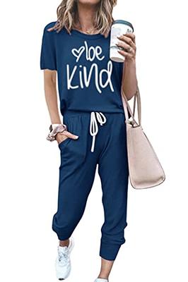 PRETTYGARDEN Women's Two Piece Outfit Short Sleeve Pullover with Drawstring  Long Pants Tracksuit Jogger Set (Print Dark Blue,Small) - Yahoo Shopping
