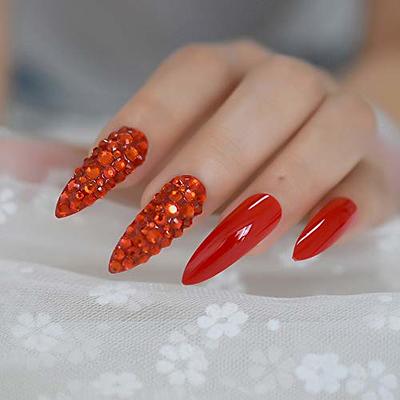 French Tip Press on Nails Long with Rhinestone Designs, 3D Luxury