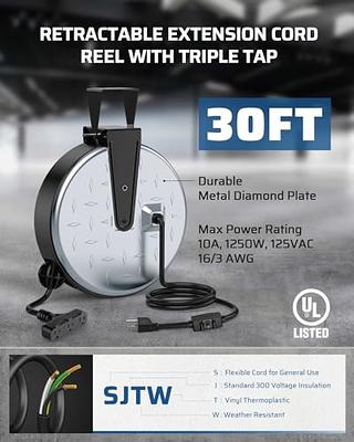 DEWENWILS Retractable Cord Reel, 60FT Heavy Duty Extension Cord, 12AWG/3C  SJTOW, 3 Grounded Outlets Lighted Triple Tap, 15A Circuit Breaker, Wall/ Ceiling Mounted for Garage, Workshop, UL Listed