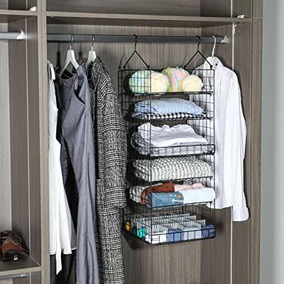 4 Tier Closet Hanging Organizer, Clothes Hanging Shelves with 5 S Hooks,  Closet Organization and Storage Wire Basket Bins for Clothing Sweater  Handbag