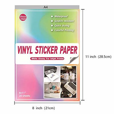 JOYEZA Premium Printable Vinyl Sticker Paper for Inkjet Printer - 25 Sheets Glossy White Waterproof, Dries Quickly Vivid Colors, Holds Ink Well 