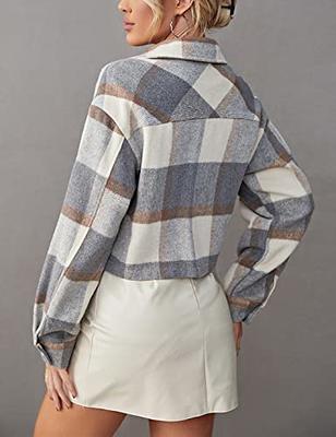 Yeokou Women's Fashion Cropped Flannel Shacket