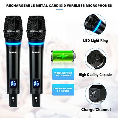 Wireless Microphone, Bietrun UHF Metal Dual Handheld Cordless Dynamic Mic  System with Rechargeable Receiver, 1/4''Output, for Karaoke, Church,  Speech