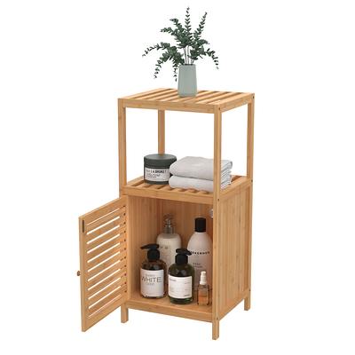 Costway Bamboo Floor Cabinet Bathroom Storage Cabinet Storage Organizer w/  Shutter Doors