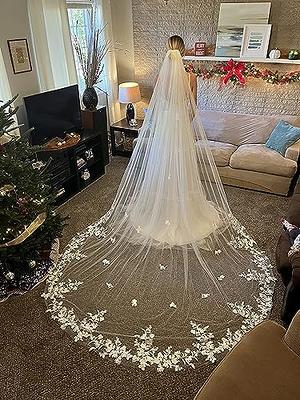 RULTA 1 Tier Lace Appliques Bridal Veil Crystal Beaded Tulle Wedding Veils  with Comb