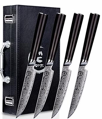 Fukep Steak knives Set of 4, Super-Sharp 5 Inch Damascus Steak Knife Set,  Japanese VG10 Core Steel 73 Layers - Non-Serrated Steak Knives with Case