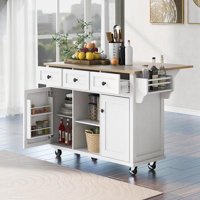 Runesay Black Rolling Mobile Kitchen Island with Solid Wood Top and Locking Wheels Storage Cabinet Drop Leaf Breakfast Bar