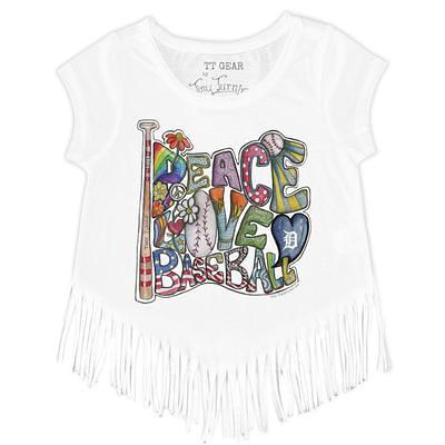 Girls Toddler Tiny Turnip White Detroit Tigers Peace Love Baseball Fringe T- Shirt - Yahoo Shopping