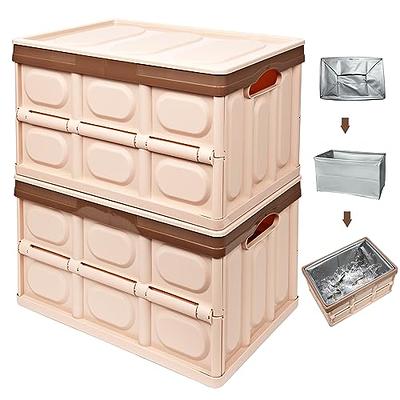 Storage bins with lids-23 Gal Stackable Storage Bins with a Wooden Lid, 2  Packs Folding Utility Crates,Dual Open Storage Bins with Wheels, Storage