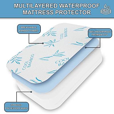 Bamboo Mattress Protector with Zipper - 100% Waterproof Queen Size Cooling Mattress Cover - Ultra Soft Jacquard Fabric Breathable Noiseless Mattress