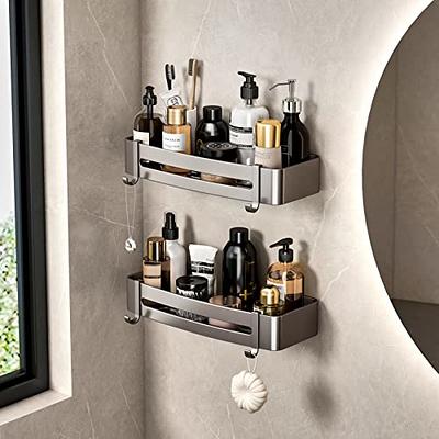 FAYYGYH Corner Shower Caddy, Bathroom Shower Basket, Adhesive Wall Mounted Shelves with Movable Hooks,Stainless Steel Bath Bathroom Kitchen Storage