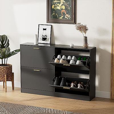 NOVAMAISON Narrow Shoe Cabinet with 2 Flip Drawers - Black Hidden