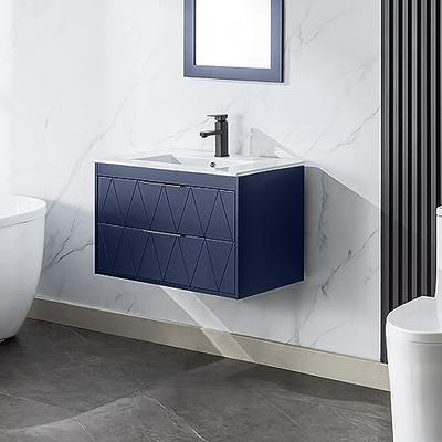 24 Wall Mounted Bathroom Vanity and Sink Combo, Blue Floating Bathroom  Vanity with White Ceramic Sink