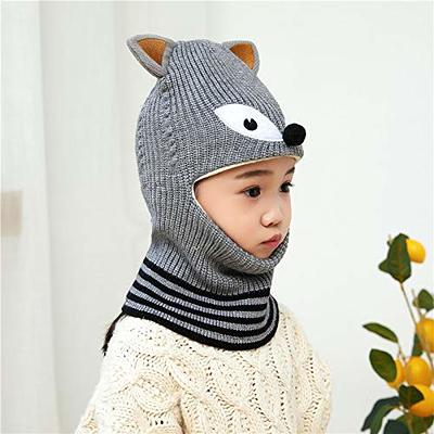 Kids 3D Fox Knit Balaclava Winter Warm Fleece Liner Full Hood Hat Skull Cap  Trapper Hats with Circle Scarf Muffler Face Bandana Girls Boys Cycling