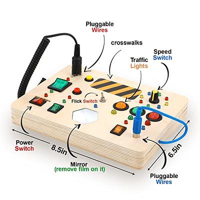 POLKRANE Toddler Montessori Travel Toys - Wooden Busy Board with LED  Light,Switch Toy for Baby Sensory