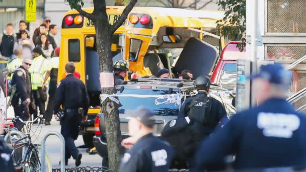 PHOTO: Authorities respond near a damaged school bus, Oct. 31, 2017, in New York. (Bebeto Matthews/AP)