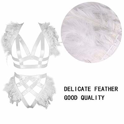 Sexy Women Gothic Punk Feather Cape Harness Body Cage Bra Bralette Shrug  Costume