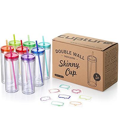SKINNY TUMBLERS 12 Clear Acrylic Tumblers with Lids and Straws, Skinny,  16oz Double Wall Clear Plastic Tumblers With FREE Straw Cleaner & Name  Tags! Reusable Cup With Straw (Clear, 12) (12)
