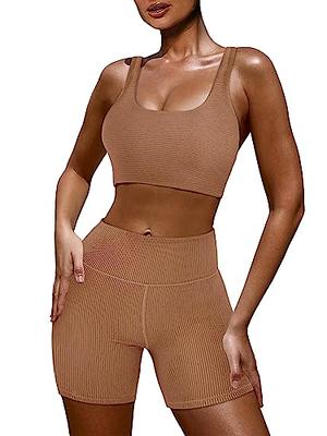 Workout Sets for Women 2 Piece Seamless Ribbed Crop Tank High