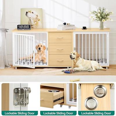 WIAWG Wooden Large Dog Crate Furniture, Upgrade Dog Kennel with 3-Drawers, Double Dog Cage with Removable Irons for 2 Dogs, White