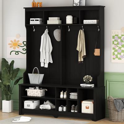Entryway hall tree with coat rack 4 hooks and storage bench shoe cabinet  white - Yahoo Shopping
