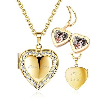 Fanery Sue Personalized Large Heart-shape Locket with 2 Picture Inside Engraved Pendant Memorial Necklace Customizable Any Photo Text&Symbols for