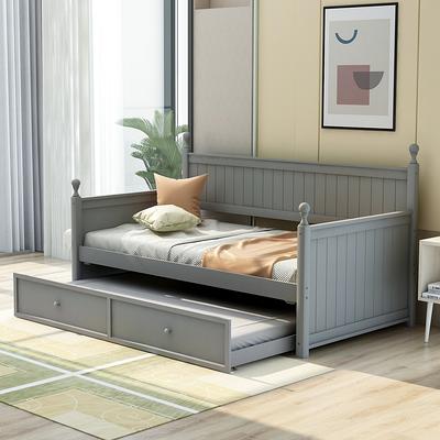 Twin Size Daybed, Solid Pine Wood Bed Frame with Pull Out Trundle for Kids Teens Adults, No Box Spring Needed - White