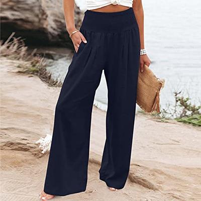 Womens Beach Pants Casual Summer Trousers Elastic Waist Wide Leg