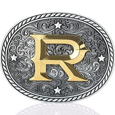 Initial Silver Engraved Gold Trim Western Belt Buckle by Montana  Silversmiths