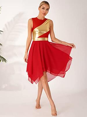 iiniim Women's Color Block Sleeveless Lyrical Dance Costume Asymmetrical Hem  Liturgical Praise Dress Size S-3XL Red S 