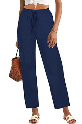 SMIDOW Capri Pants for Women Casual 2023 Summer Drawstring Elastic High  Waist Linen Pant Straight Wide Leg Cropped Trouser