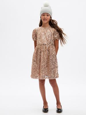 Kids Puff Sleeve Velvet Rib Dress