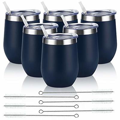 Stemless Insulated Wine Tumbler Set with Lid, 12oz 2 Pack Stainless Steel  Double Walled Metal Wine & Champagne Tumbler with Straw and Brush for